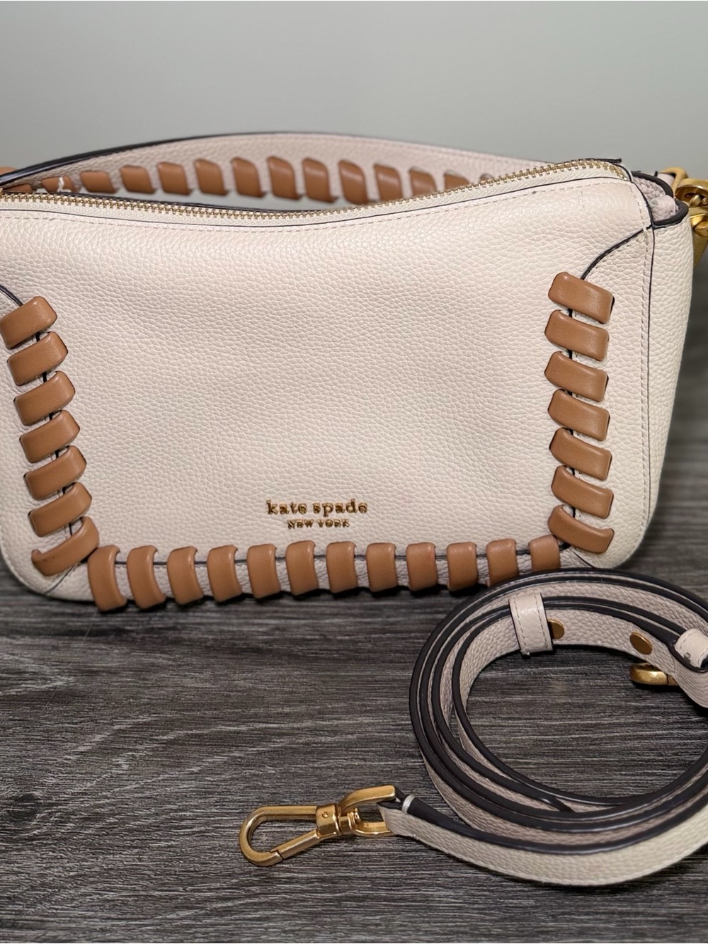 kate spade cream leather crossbody with tan woven trim